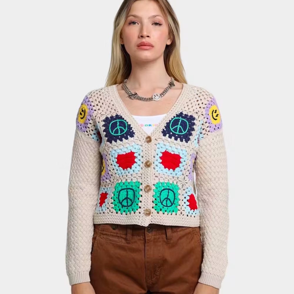 Guess by J.Blevins Trendy Crochet Cardigan with Peace Symbols